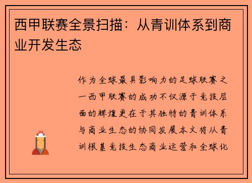 西甲联赛全景扫描：从青训体系到商业开发生态